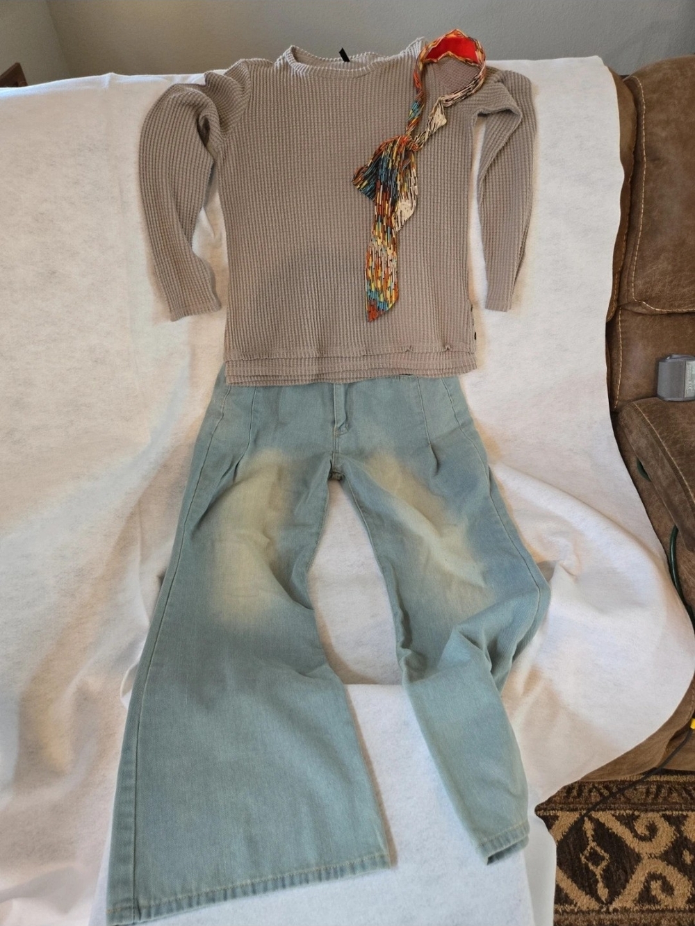 Womens Medium Bell Bottom Pants Beige Waffle Knit Long-Sleeve Top